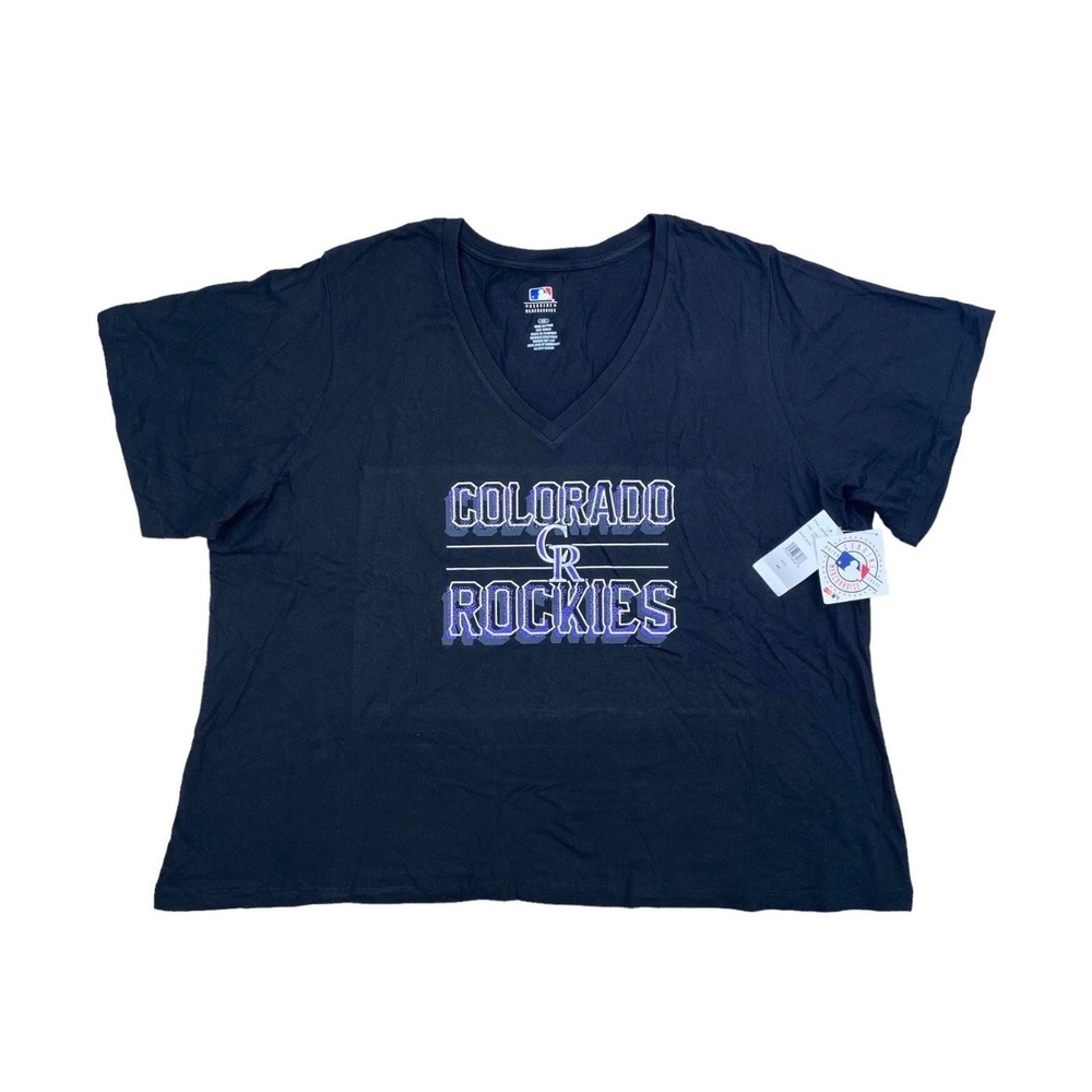MLB Colorado Rockies Womens Plus Size 4X V-Neck Graphic T-Shirt Black New NWT